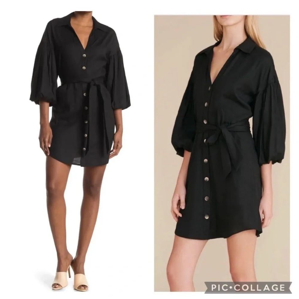 VERONICA BEARD SAMY LINEN mini DRESS - Black 6 Belted Collared Puff Sleeve‎